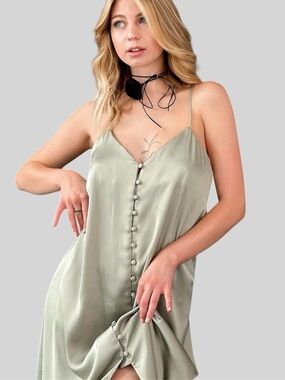 NWT Zara Sage Green Satin Camisole/ Slip Button Midi Dress. Size S